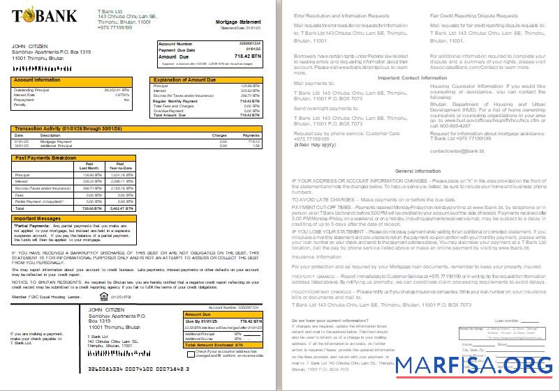 Downloadable Bhutan T bank mortgage statement, 2 pages, 1 2 scr real example